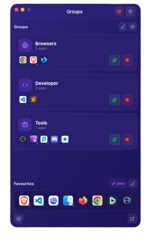 ShortcutDock Groups - organise apps into categories like Browsers and Dev Tools